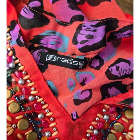 Paradise Orange Red Leopard Print Sheer Cinches Waist Tunic Sz Small - Picture 7 of 8